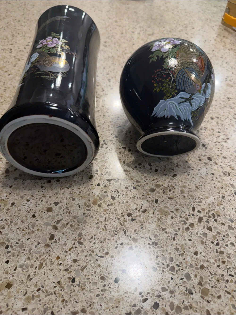 Black Lacquered Vase Set with Gold & Pastel Bird Motif Peacock